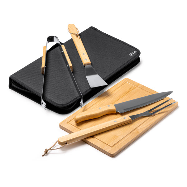 Set Barbecue 5 Accessori in Acciaio Inox con Manico in Legno e Custodia RPET