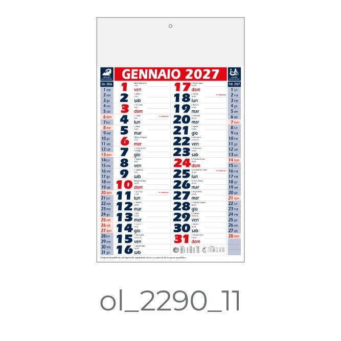 Calendario Olandese 2290 – 2027 da Muro Personalizzato, Area Stampa 29,2x9,4 cm, da 100 pezzi personalizzazione compresa