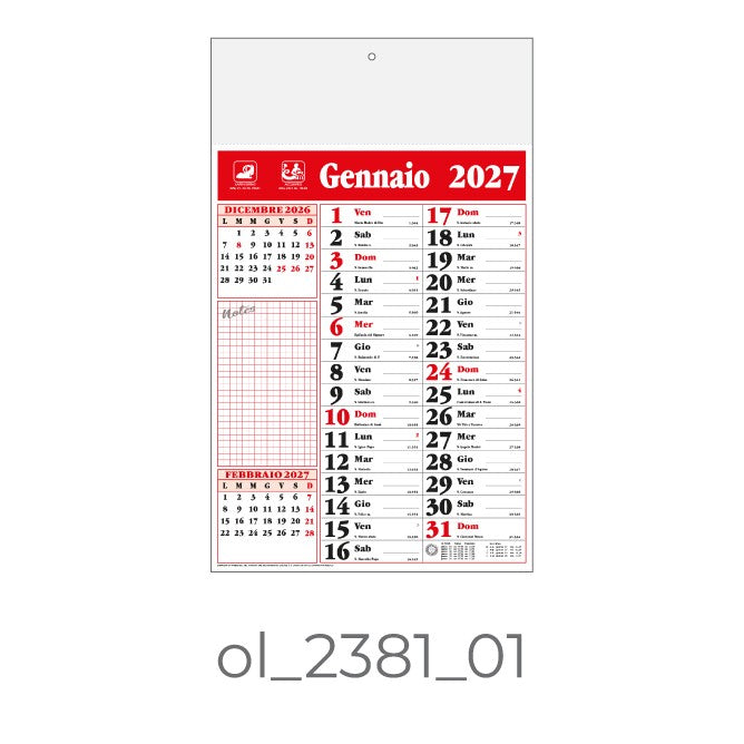 Calendario Olandese 2381-01 – 2027 da Muro Personalizzato, Area Stampa 29,2x9,4 cm, da 100 pezzi personalizzazione compresa