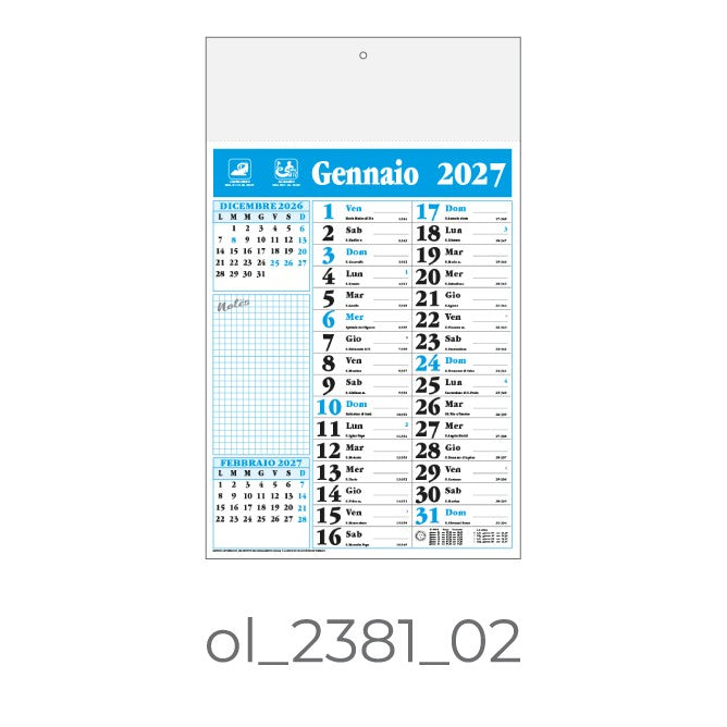 Calendario Olandese 2381-02 – 2027 da Muro Personalizzato, Area Stampa 29,2x9,4 cm, da 100 pezzi personalizzazione compresa