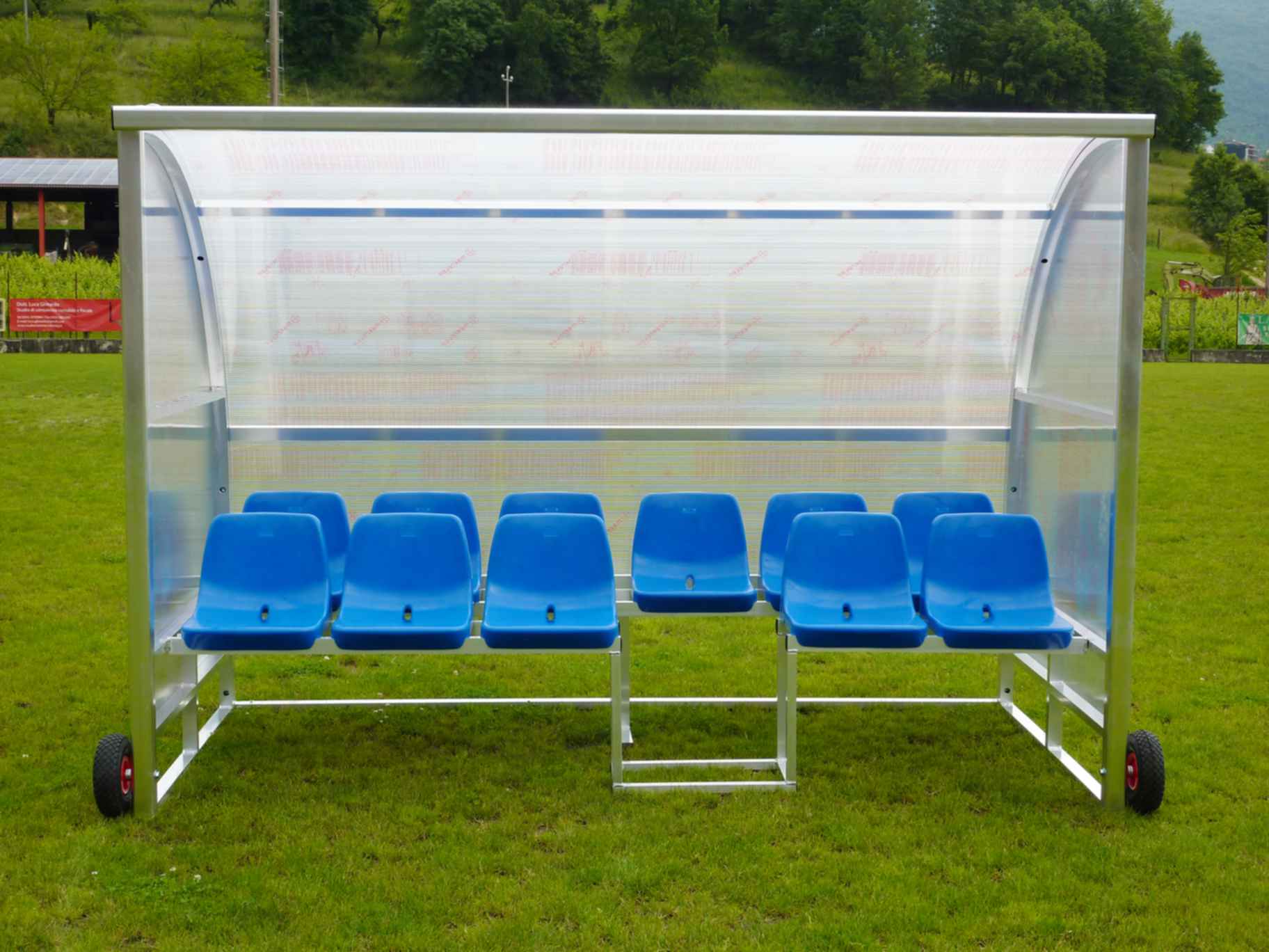 Panchina Allenatori Mobile su Ruote - Alluminio 50x30mm - 11 Sedute - 3 Metri