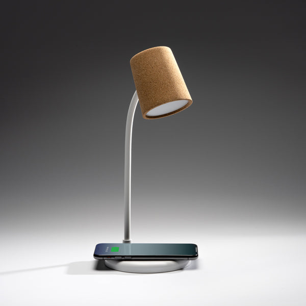 Lampada da Tavolo in Sughero con Caricatore Wireless 10W e Speaker 3W