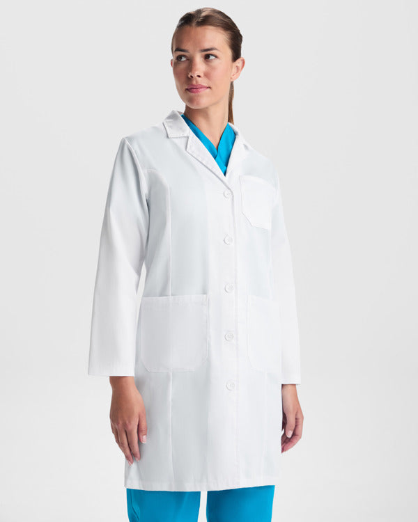 Camice da Laboratorio Donna VACCINE WOMAN – Risvolto, Tasche a Filetto e Cuciture Frontali